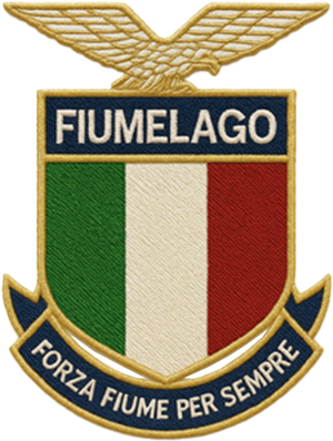 Brodyrmärke med örn, italiensk flagga och texten 'Fiumelago – Forza Fiume Per Sempre'