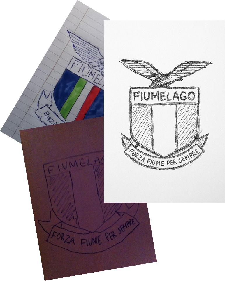 Skiss av nuvarande Fiumelago-logga med örn och banderoll